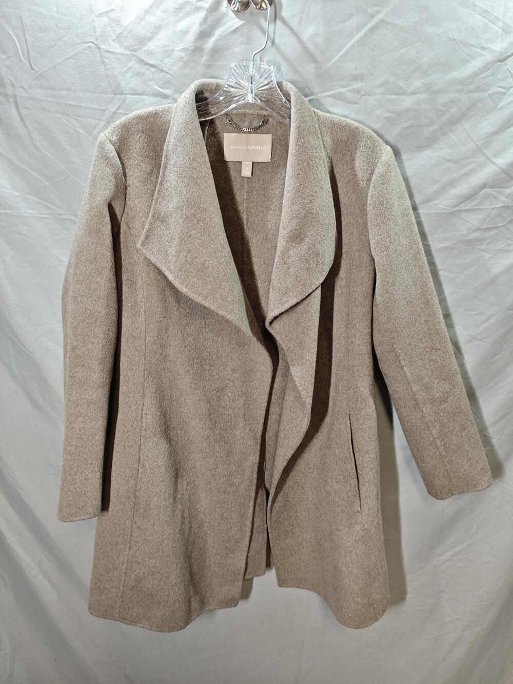 Banana Republic Coat Womens Small Tan Wool Blend Open Front Drape Long Jacket